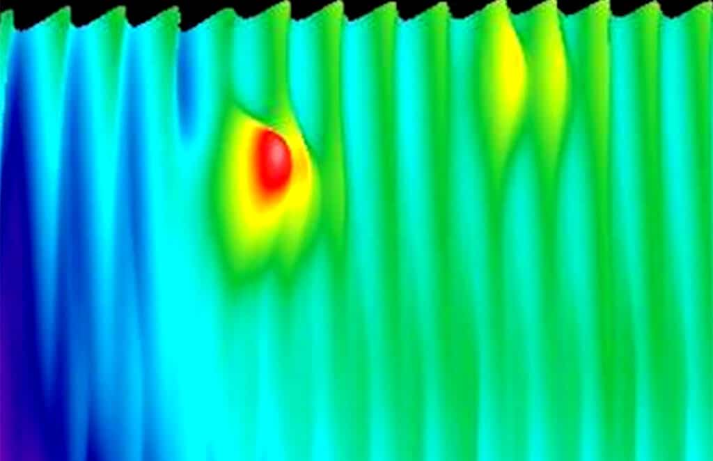 Infrared image of rocket engine coolant channel defects